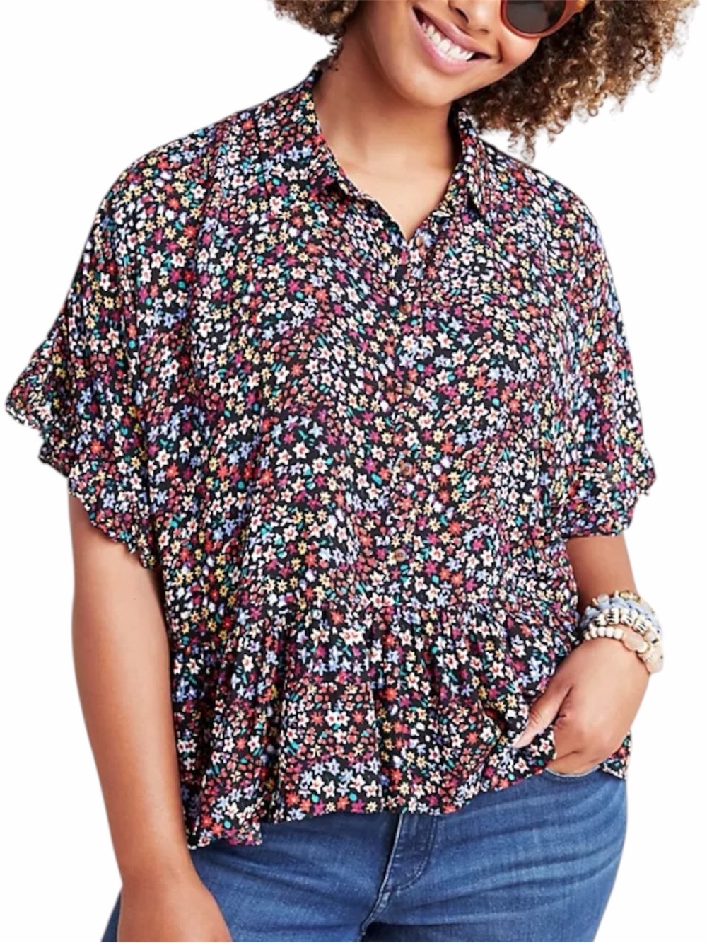 Anthropology Maeve Mallory Floral Peplum Button-Front Top Black Multi — Size MP